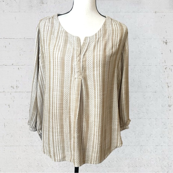 J. Jill Embroidered Tan Spit Neck Loose Fit Boho Peasant Top Size Large - Picture 1 of 9